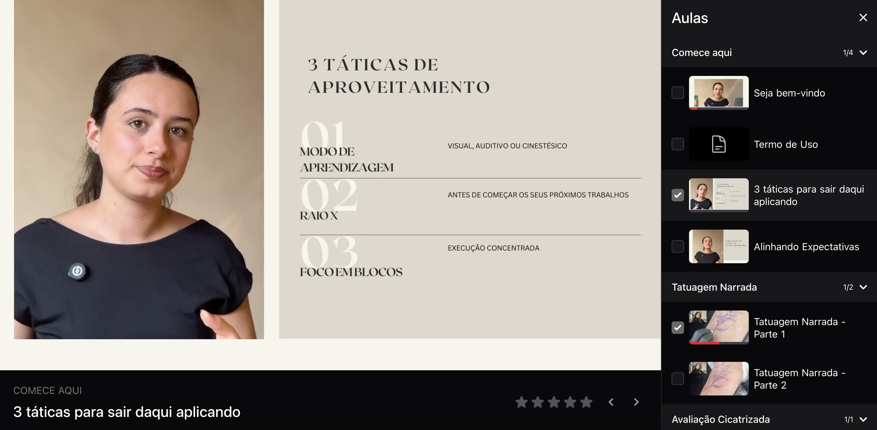 Interface da plataforma com aula da Imersão Linhas Finas de Verdade
